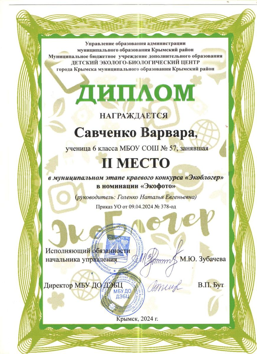 Диплом 2 место Савченко Варвара в конкурсе Экоблогер