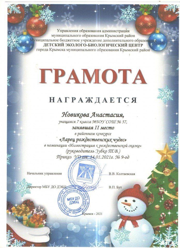 Новикова Анастасия, 2 место районный конкурс Ларец Рождественских чудес (номинация иллюстрация к рождественской сказке.