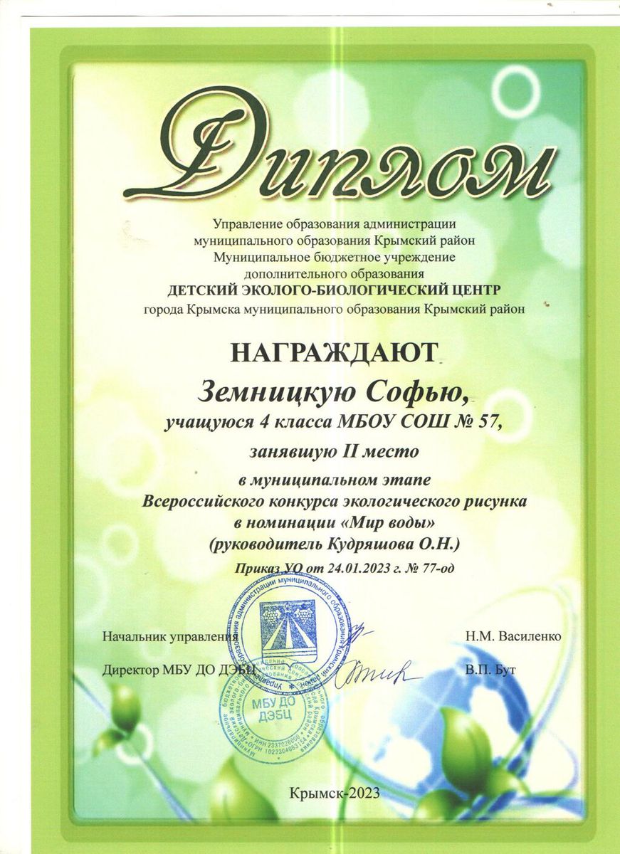 Земницкая Софья 4а 2 место в экологическом конкурсе Мир воды